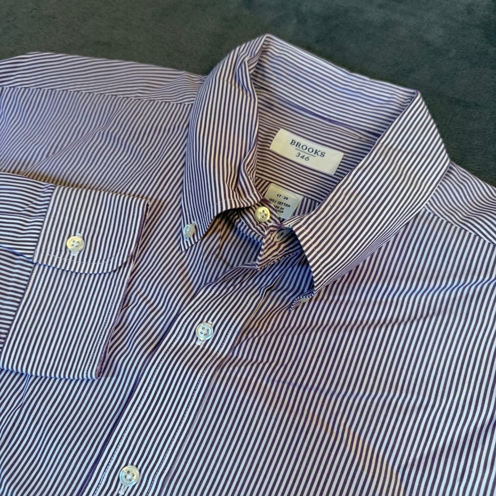 Brooks 346 Purple White Striped Button Down Shirt Mens 17-35 Cotton Long Sleeve